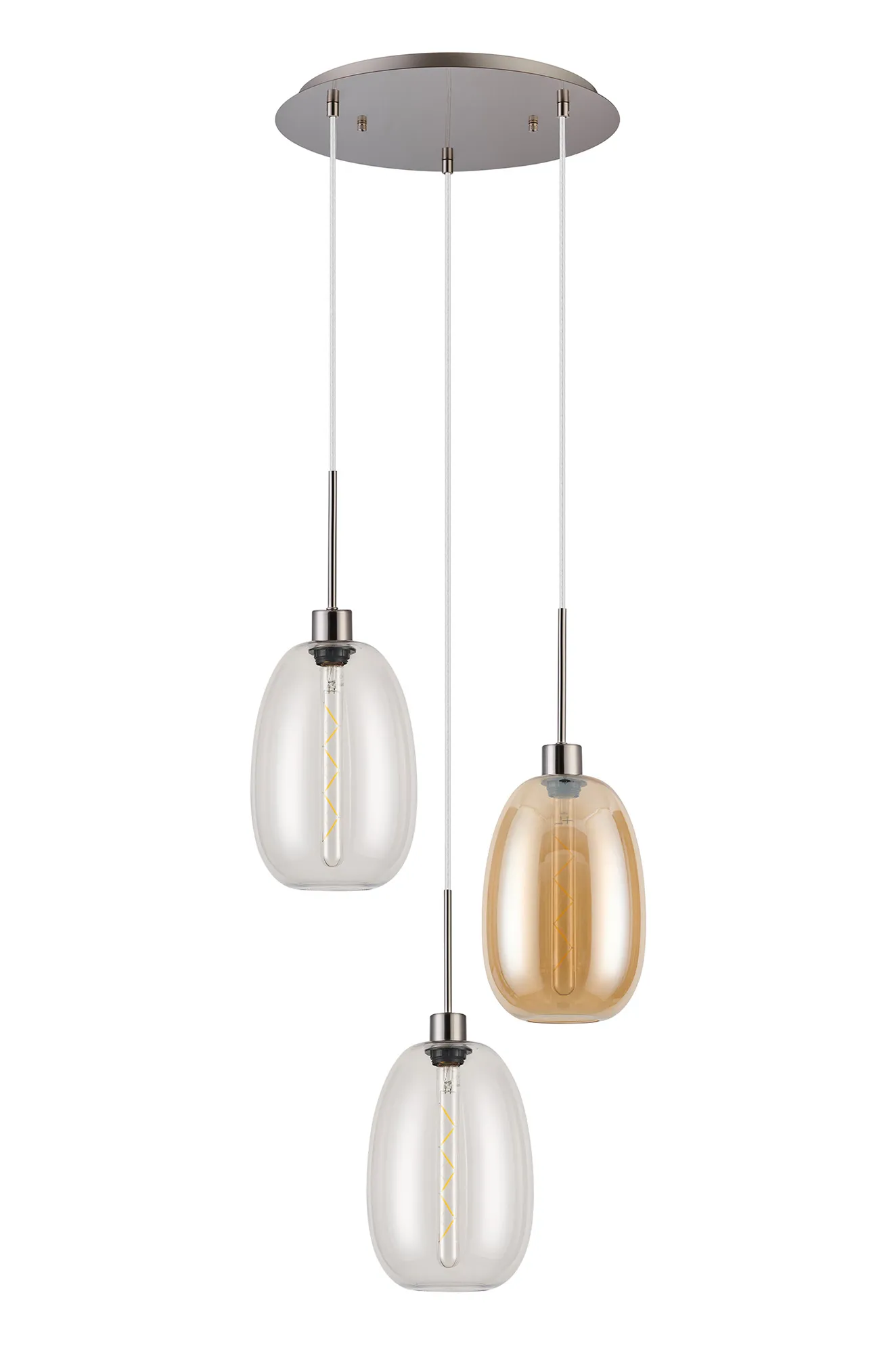 Lori 40cm Round Pendant, 3 Light Adjustable E27, Satin Nickel/Clear/Amber Slim Curved Trapezium Shades DK1364  Deco Lori Satin Nickel